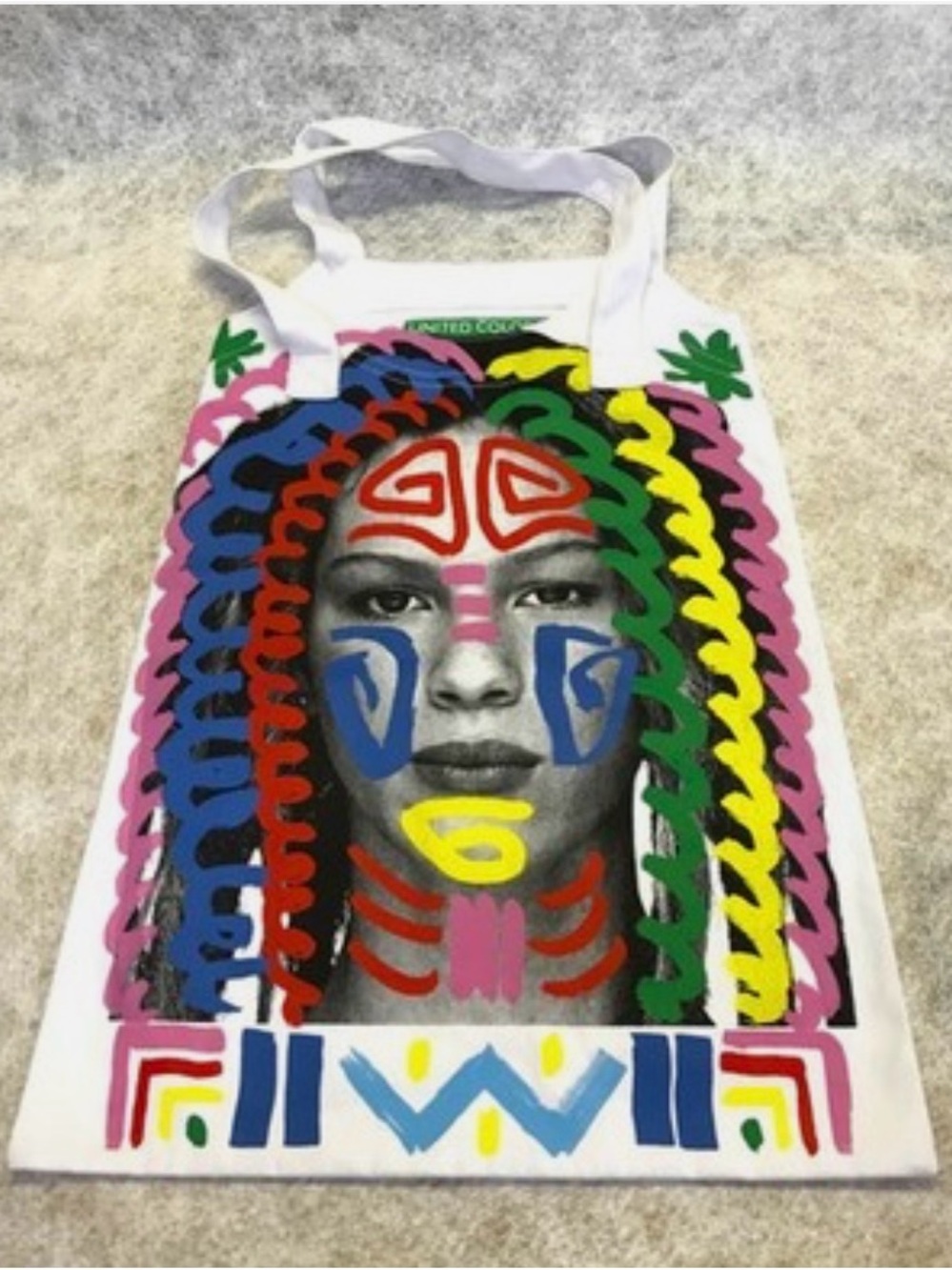 United Colors Of Benetton White Canvas Tote with Multicolor Painted Face